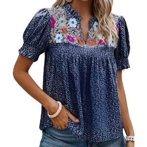 Floral Puff Sleeve Blouse Loose Fit Navy & White Ruffle Embroidered Flowers